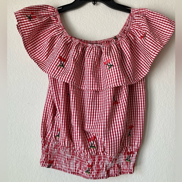 NWOT KONTROL Red cherry checkered ruffled plaid blouse | Bomb shoulder - Picture 4 of 4